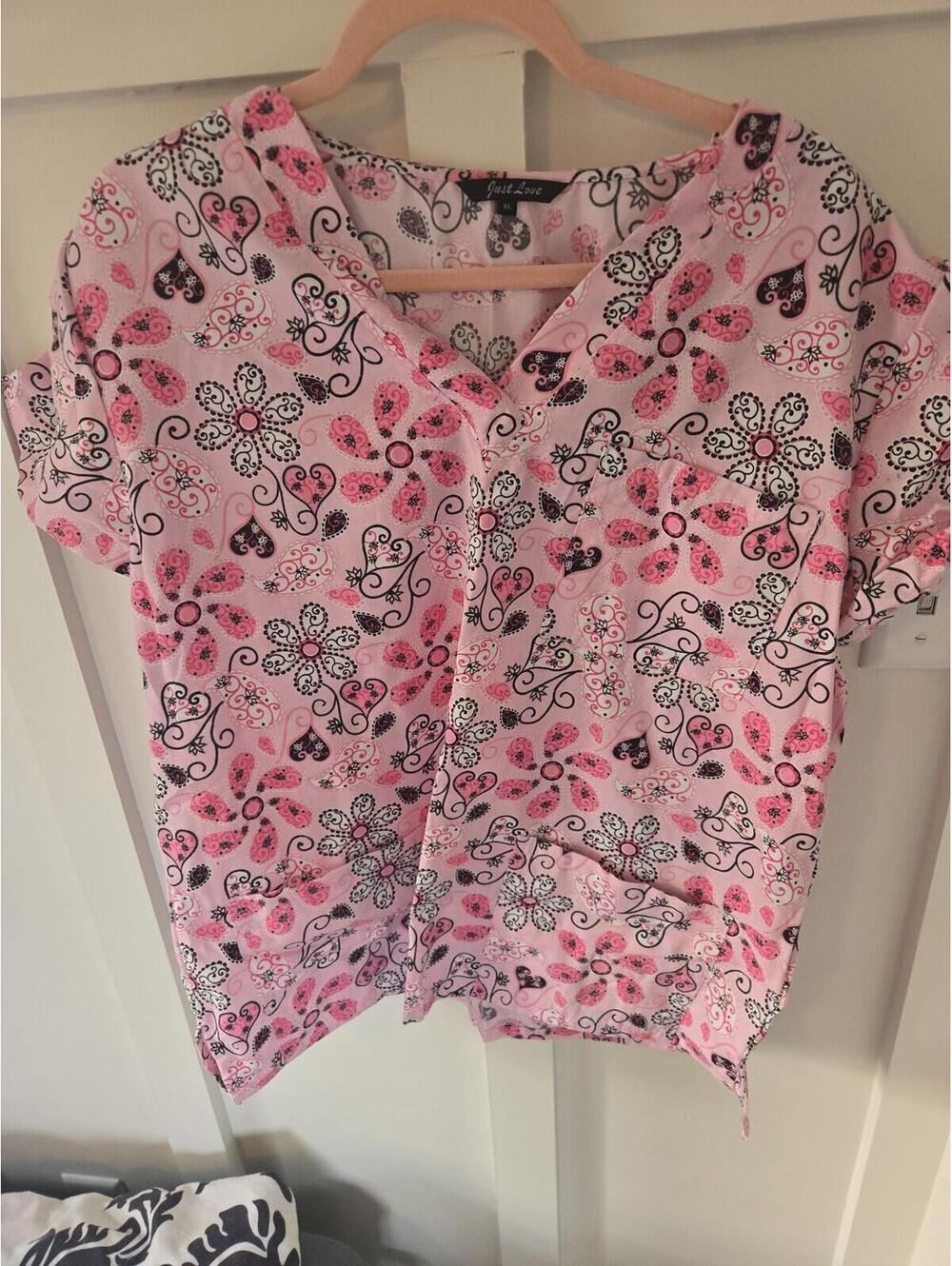 Just Love Pink Paisley Print Medical Scrub Top Size XL